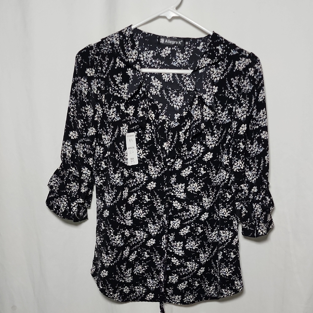 Allegra K Women's Elegant Black and White Patterned Blouse